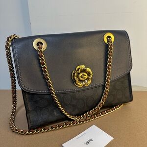 Coach Black and Gold Floral Accent Shoulder Bag